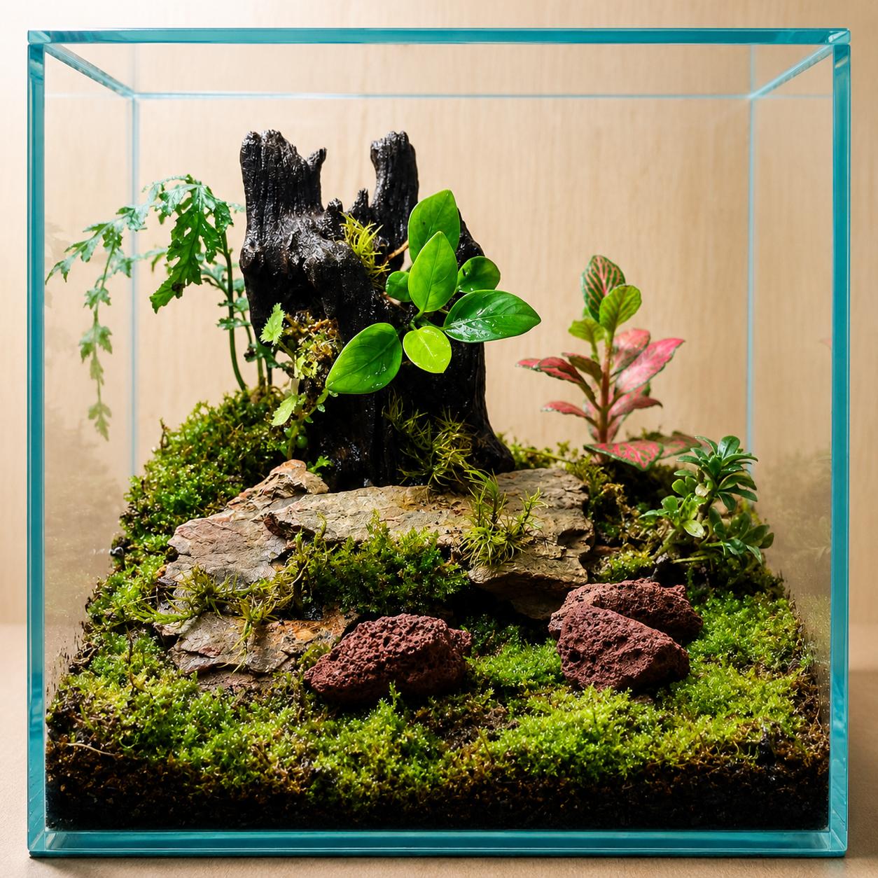 A square glass terrarium with a moss floor, dark driftwood, green leaves, and pink fittonia