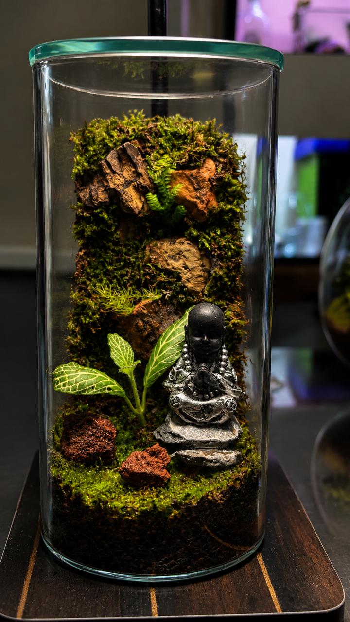 Complete lidded glass terrarium with a moss wall, meditating figure, fittonia, and red lava rocks