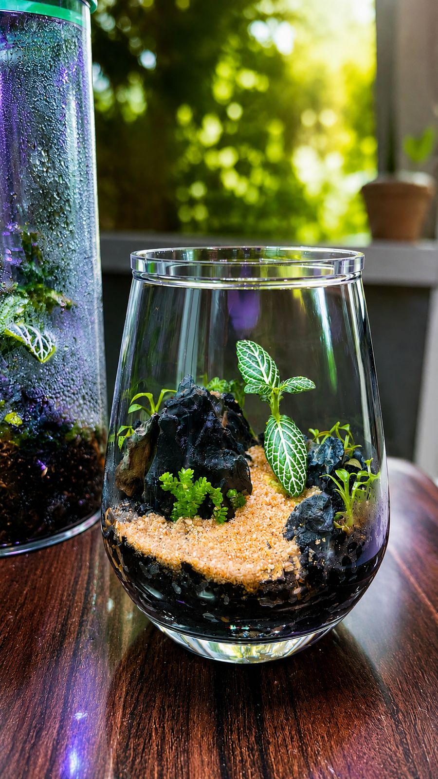 Open glass vessel with a pale gravel path, dark rocks, and white-veined fittonia